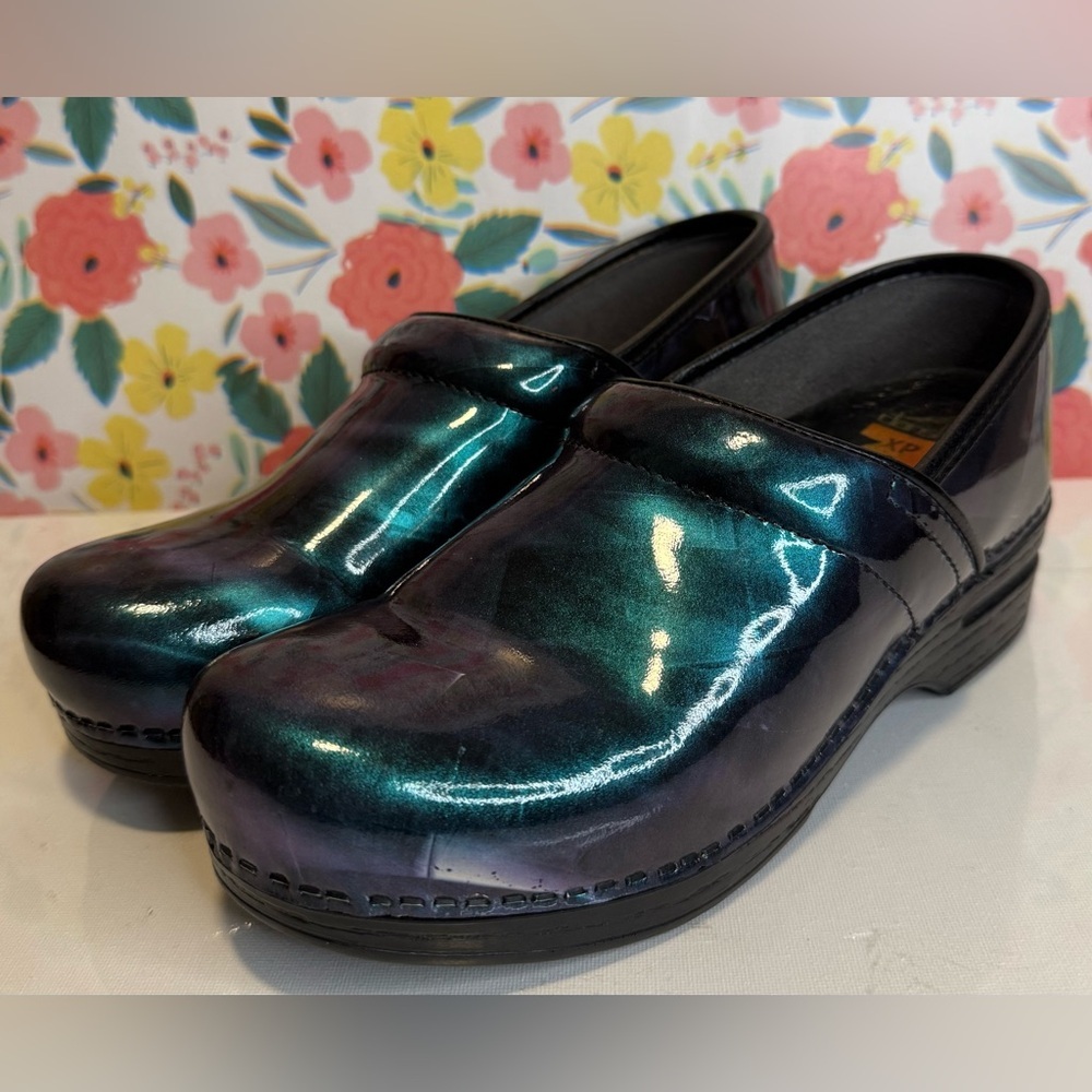 Dansko Iridescent Blue and Purple Mules